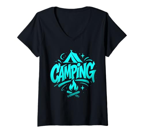 Damen Camping-Graffiti-Straßenkunstwerk T-Shirt mit V-Ausschnitt von Campfire Street