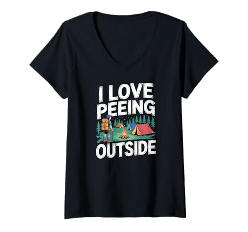 Damen Ich Liebe es, draußen beim Camping zu pinkeln, humorvolles Design T-Shirt mit V-Ausschnitt von Camping Adventure Enthusiast Outdoor Nature Fun