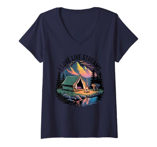Damen Ich Liebe Live-Streams, Wandern, Natur, Abenteuer, Camper T-Shirt mit V-Ausschnitt Damen Ich Liebe Live-Streams, Wandern, Natur, Abenteuer, Camper T-Shirt mit V-Ausschnitt von Camping-Bergbegeisterter Outdoor-Grafik