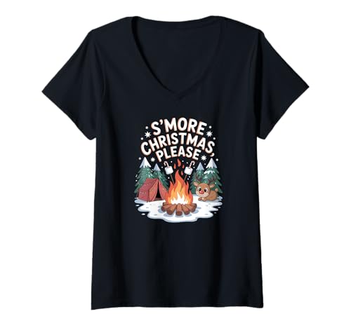 Damen S'more Christmas Please Süßes Rentier Lagerfeuer Urlaub T-Shirt mit V-Ausschnitt von Camping Christmas Apparel Gifts by Anastasia