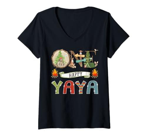 Damen One Happy Yaya Camper Camping-Bär zum 1. Geburtstag T-Shirt mit V-Ausschnitt Damen One Happy Yaya Camper Camping-Bär zum 1. Geburtstag T-Shirt mit V-Ausschnitt von Camping First Birthday Kids Matching Family