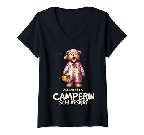 Damen Offizielles Schlafshirt Camping Camperin T-Shirt mit V-Ausschnitt von Camping Geschenk Wohnwagen