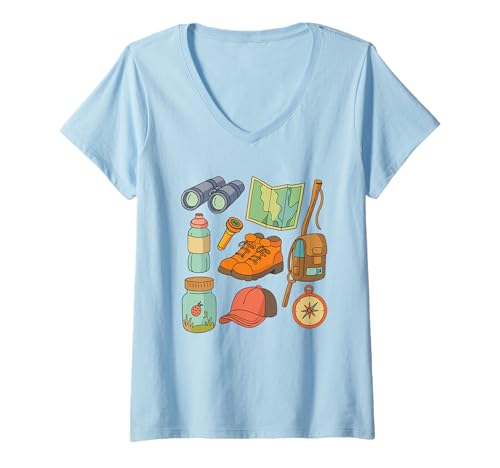 Damen Camping Wandern Ausrüstung Icons Stiefel Kompass für Naturliebhaber T-Shirt mit V-Ausschnitt von Camping Hiking Adventure Gear Icons