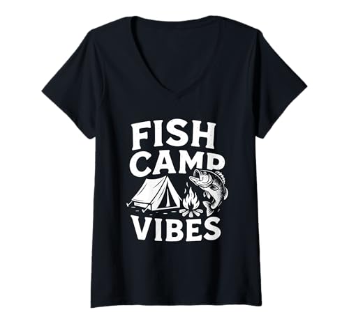Damen Fish Camp Vibes Angeln Camping Shirt Outdoor See Trip T-Shirt mit V-Ausschnitt Damen Fish Camp Vibes Angeln Camping Shirt Outdoor See Trip T-Shirt mit V-Ausschnitt von Camping Hiking Forest Mountain Nature Outdoor Tees