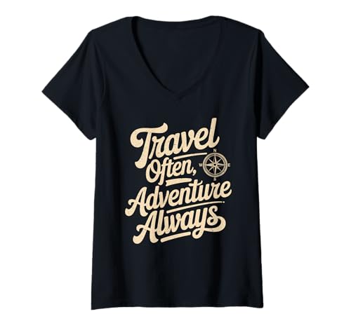 Damen Travel Often Adventure Always Compass Wandern Camping Outdoor T-Shirt mit V-Ausschnitt Damen Travel Often Adventure Always Compass Wandern Camping Outdoor T-Shirt mit V-Ausschnitt von Camping Hiking Forest Mountain Nature Outdoor Tees
