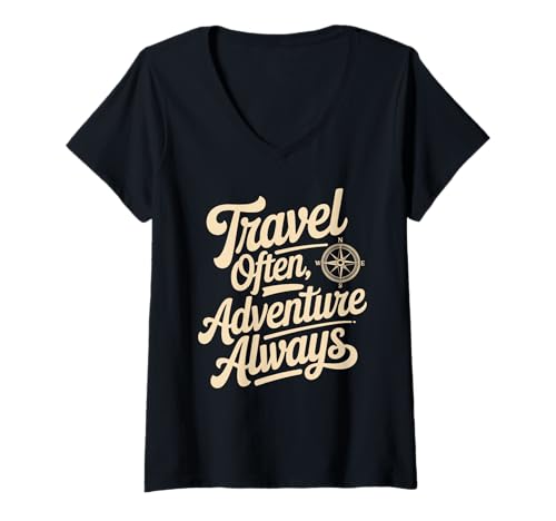 Damen Travel Often Adventure Always Compass Wandern Camping Outdoor T-Shirt mit V-Ausschnitt Damen Travel Often Adventure Always Compass Wandern Camping Outdoor T-Shirt mit V-Ausschnitt von Camping Hiking Forest Mountain Nature Outdoor Tees