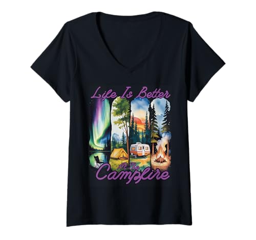 Damen Am Lagerfeuer ist das Leben besser Outdoor-Lifestyle Naturliebhaber T-Shirt mit V-Ausschnitt Damen Am Lagerfeuer ist das Leben besser Outdoor-Lifestyle Naturliebhaber T-Shirt mit V-Ausschnitt von Camping Lover