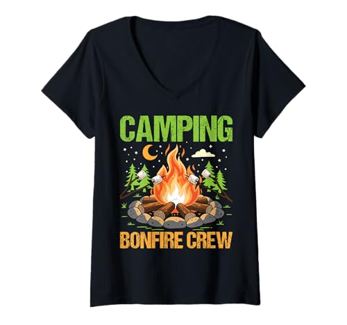 Damen Campen - Bonfire Crew T-Shirt mit V-Ausschnitt Damen Campen - Bonfire Crew T-Shirt mit V-Ausschnitt von Camping Mood Apparel