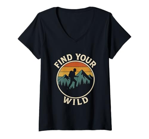 Damen Finden Sie Ihr wildes Retro-Wanderabenteu T-Shirt mit V-Ausschnitt Damen Finden Sie Ihr wildes Retro-Wanderabenteu T-Shirt mit V-Ausschnitt von Camping Mountain Adventure