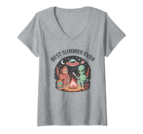Damen Kawaii Best Summer Ever Camp Alien Bigfoot Lagerfeuer Squad T-Shirt mit V-Ausschnitt Damen Kawaii Best Summer Ever Camp Alien Bigfoot Lagerfeuer Squad T-Shirt mit V-Ausschnitt von Camping Out in PreK 1st 2nd 3rd 4th Grade 2025 UFO