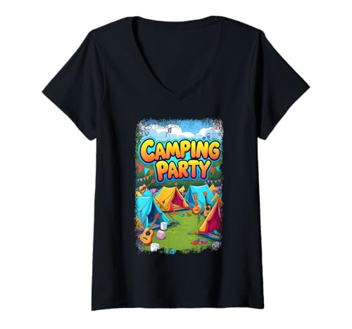 Damen Camping Party Zeltabenteuer Mit Musik Outdoor Urlaub T-Shirt mit V-Ausschnitt Damen Camping Party Zeltabenteuer Mit Musik Outdoor Urlaub T-Shirt mit V-Ausschnitt von Camping Party Lagerfeuer Musik Gitarren Natur Zelt
