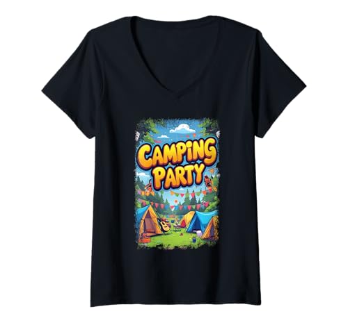 Damen Zeltabenteuer Musik Und Festival Party Konzert Camping T-Shirt mit V-Ausschnitt von Camping Party Lagerfeuer Musik Gitarren Natur