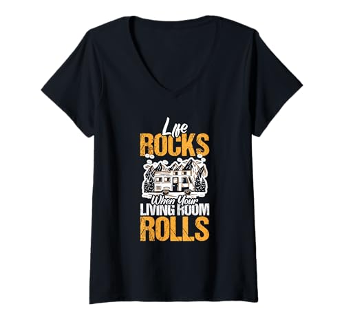 Damen Life Rocks When Your Living Room Rolls Camper Wohnwagen T-Shirt mit V-Ausschnitt Damen Life Rocks When Your Living Room Rolls Camper Wohnwagen T-Shirt mit V-Ausschnitt von Camping Urlaub Abenteuer Design Reisen