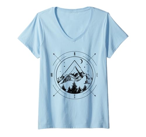 Damen Wandern Berge Natur Camping Kompass Outdoor Wanderer Camper T-Shirt mit V-Ausschnitt Damen Wandern Berge Natur Camping Kompass Outdoor Wanderer Camper T-Shirt mit V-Ausschnitt von Camping Wandern Berge Outdoor Geschenke