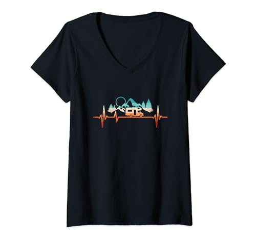 Damen Retro Camping Herzschlag Wohnmobil T-Shirt mit V-Ausschnitt von Camping Wohnmobil Geschenke für Camper