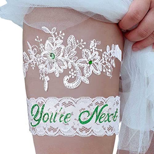 Campsis Brautstrumpfband-Set Spitze Kristall Hochzeit Strumpfband Set Blume Strumpfbänder Gürtel für Braut Abschlussball Geschenk für Frauen und Mädchen 2 Stück, Grün , 7 von Campsis