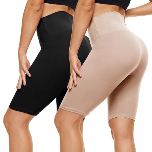 Campsnail 2er Pack Radlerhosen Damen Kurze Sporthose Sport Yoga Gym Biker Shorts Leggings Knielang High Waist Sommer Elastisch Blickdicht Schwarz & Beige,L-XL von Campsnail