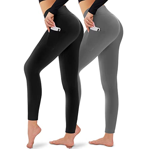 CAMPSNAIL 2er Pack Leggings Damen Schwarz High Waist Sport Leggins Blickdicht Sporthose für Gym Yoga(Schwarz& Dunkelgrau-T,S-M) von CAMPSNAIL