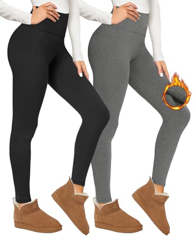 Campsnail 2er Pack Thermo Leggings Gefüttert Damen Winter Thermounterwäsche Warm Innenfleece Dicke Plüsch Leggings mit Fell Thermo Strümpfhose High Waist Blickdicht Schwarz+Grau L-XL von Campsnail