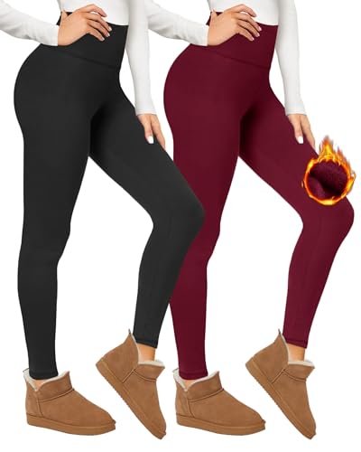 Campsnail 2er Pack Thermo Leggings Gefüttert Damen Winter Thermounterwäsche Warm Innenfleece Dicke Plüsch Leggings mit Fell Thermo Strümpfhose High Waist Blickdicht Schwarz+Weinrot S-M von Campsnail