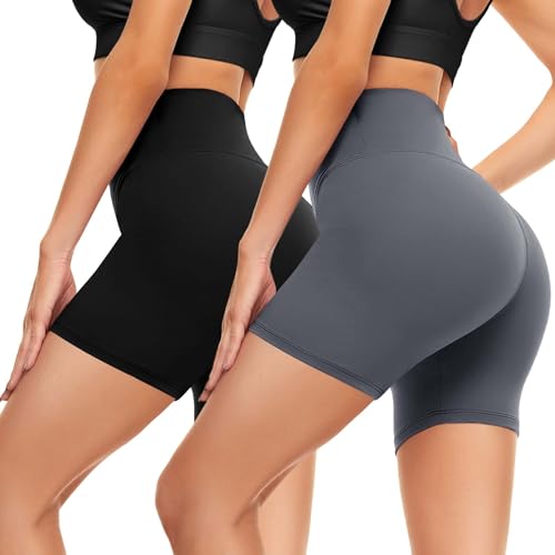 2er Pack Radlerhosen Damen High Waist Kurze Hose unter Rock Yoga Biker Sport Shorts Hotpants Elastisch Blickdicht Schwarz&Dunkelgrau, S-M von Campsnail