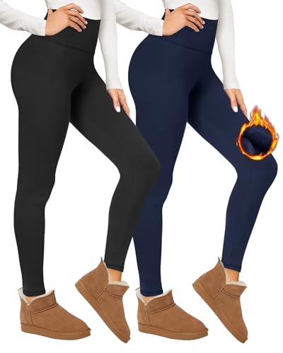 Campsnail 2er Pack Thermo Leggings Gefüttert Damen Winter Thermounterwäsche Warm Innenfleece Dicke Plüsch Leggings mit Fell Thermo Strümpfhose High Waist Blickdicht Schwarz+Dunkelblau L-XL von Campsnail