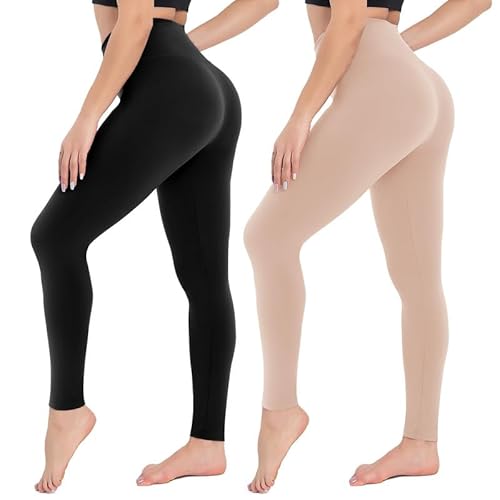 CAMPSNAIL 2er Pack Leggings Damen Schwarz- High Waist Sportleggins Blickdicht Sporthose für Gym Yoga(Schwarz&Beige,L-XL) von CAMPSNAIL