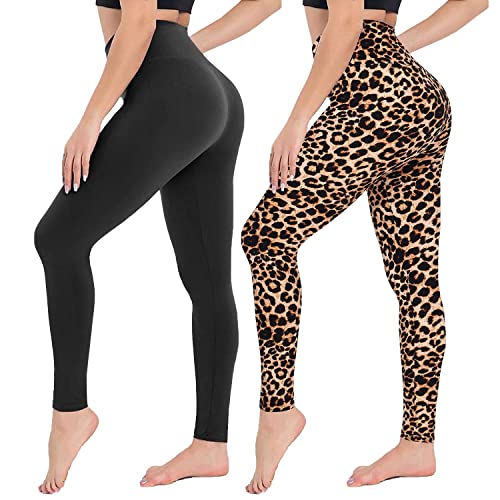 Campsnail Leggings Damen- High Waist Leggins Slim Fit Angenehm Weiche Elastische Blickdicht Sportleggings mit Bauchkontrolle(2er Pack- Schwarz&Leo, One Size(DE 34-40)) von Campsnail