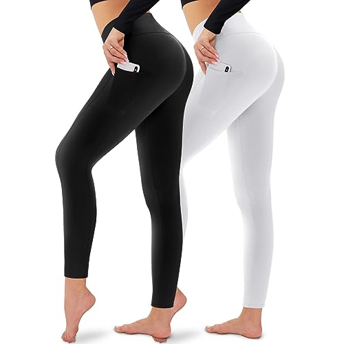 Campsnail Leggings für Damen mit Taschen High Waist Blickdicht Leggins Schwarz Treggins Sportleggins Yogaleggings für Sport, Freizeit, Fitness(Schwarz/Weiß-Taschen, L/XL,(DE 42-48)) von Campsnail