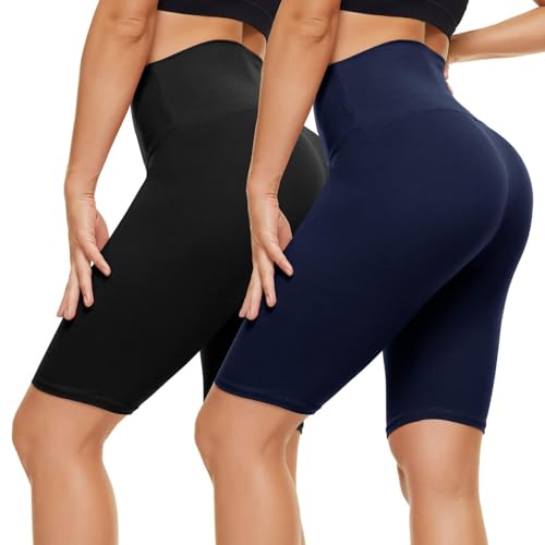 CAMPSNAIL 2er Pack Radlerhosen Damen Kurze Sporthose Sport Yoga Gym Biker Shorts Leggings Knielang High Waist Sommer Elastisch Blickdicht Schwarz & Navy,L-XL von CAMPSNAIL