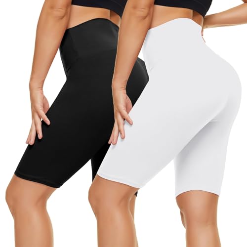 CAMPSNAIL 2er Pack Radlerhosen Damen Kurze Sporthose Sport Yoga Gym Biker Shorts Leggings Knielang High Waist Sommer Elastisch Blickdicht Schwarz & Weiß,L-XL von CAMPSNAIL