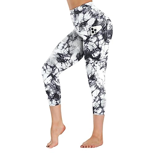 Campsnail Sport Leggings Damen mit Tasche High Waist Sporthose Blickdicht Yogahose Push Up Slim Fit Fitnesshose Laufhose für Gym Sport Yoga(Capri,Tie Dye Blume weiß,M) von Campsnail