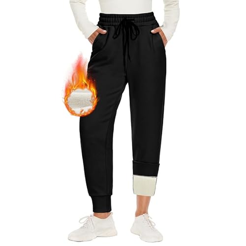CAMPSNAIL Warme Jogginghose Damen Gefütterte mit 2 Taschen Kordelzug Winter Fleece High Waist Lange Sportleggins Trainingshose Freizeithose Sweathose Schwarz M von CAMPSNAIL