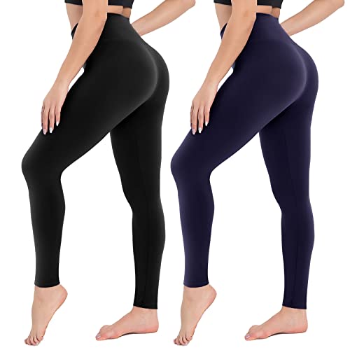 Campsnail Leggings Damen- High Waist Leggins Slim Fit Angenehm Weiche Elastische Blickdicht Sportleggings mit Bauchkontrolle(2er Pack- Schwarz& Dunkelblau, One Size(DE 34-40)) von Campsnail