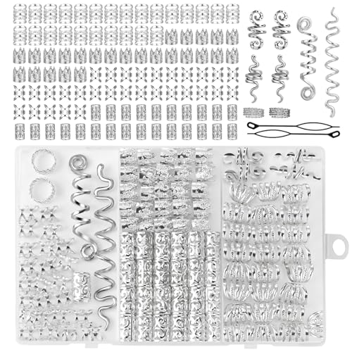 111 Stück Haarschmuck Silber, Dreadlocks Schmuck, Braids Schmuck, Haarringe Silber Haarperlen mit Schmuckschatulle und 2 Haareinfädlern geliefert für Damen Männer Zöpfe Dekoration von Camptrip