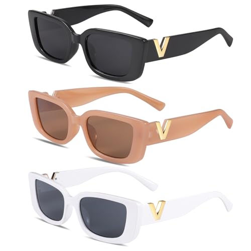 Camptrip 3 Stück Sonnenbrille Damen, Vintage Rechteckige Sunglasses Retro Schmale Sonnenbrille für Damen Herren Unisex von Camptrip