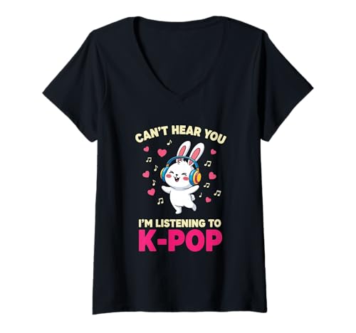 Damen Ich kann Dich Nicht hören Ich höre Kpop Cute Rabbit K-Pop Kawaii T-Shirt mit V-Ausschnitt Damen Ich kann Dich Nicht hören Ich höre Kpop Cute Rabbit K-Pop Kawaii T-Shirt mit V-Ausschnitt von Can't Hear You I'm Listening To Kpop K-Pop Gifts