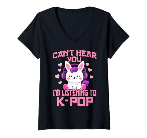 Damen Ich kann Dich Nicht hören Ich höre Kpop Cute Rabbit K-Pop Kawaii T-Shirt mit V-Ausschnitt von Can't Hear You I'm Listening to Kpop K-Pop Tee