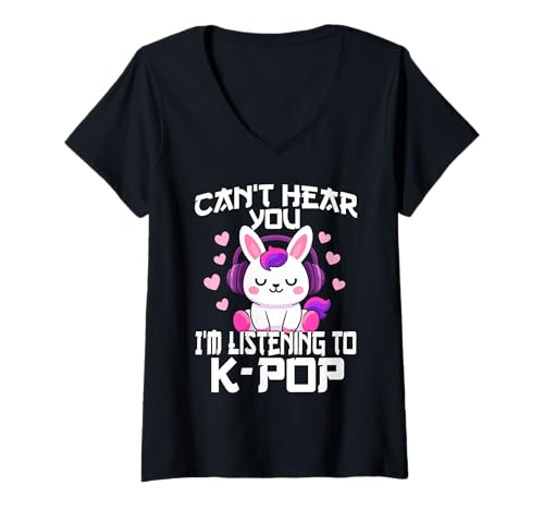 Damen Ich kann Dich Nicht hören Ich höre Kpop Cute Rabbit K-Pop Kawaii T-Shirt mit V-Ausschnitt von Can't Hear You I'm Listening to Kpop K-Pop Tee