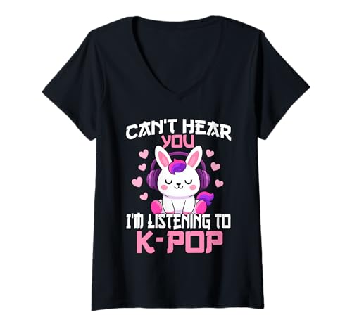 Damen Ich kann Dich Nicht hören Ich höre Kpop Cute Rabbit K-Pop Kawaii T-Shirt mit V-Ausschnitt Damen Ich kann Dich Nicht hören Ich höre Kpop Cute Rabbit K-Pop Kawaii T-Shirt mit V-Ausschnitt von Can't Hear You I'm Listening to Kpop K-Pop Tee