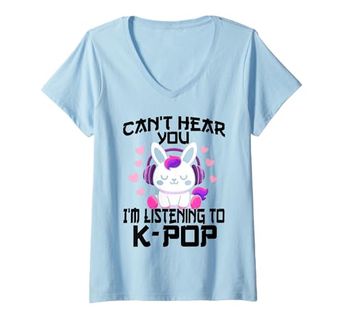 Damen Ich kann Dich Nicht hören Ich höre Kpop Cute Rabbit K-Pop Kawaii T-Shirt mit V-Ausschnitt von Can't Hear You I'm Listening to Kpop K-Pop Tee