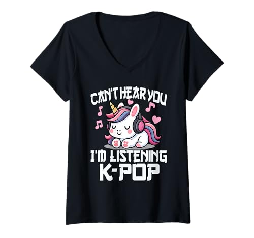 Damen Ich kann Dich Nicht hören Ich höre Kpop Cute Unicorn K-Pop Kawaii T-Shirt mit V-Ausschnitt Damen Ich kann Dich Nicht hören Ich höre Kpop Cute Unicorn K-Pop Kawaii T-Shirt mit V-Ausschnitt von Can't Hear You I'm Listening to Kpop K-Pop Tee