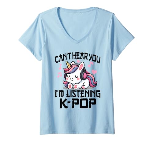 Damen Ich kann Dich Nicht hören Ich höre Kpop Cute Unicorn K-Pop Kawaii T-Shirt mit V-Ausschnitt Damen Ich kann Dich Nicht hören Ich höre Kpop Cute Unicorn K-Pop Kawaii T-Shirt mit V-Ausschnitt von Can't Hear You I'm Listening to Kpop K-Pop Tee