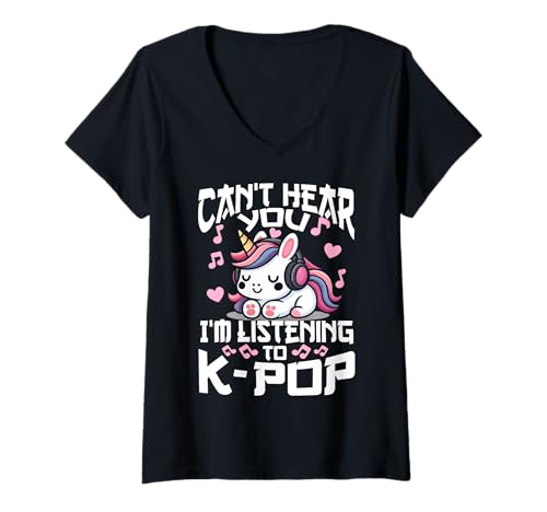 Damen Ich kann Dich Nicht hören Ich höre Kpop Cute Unicorn K-Pop Kawaii T-Shirt mit V-Ausschnitt Damen Ich kann Dich Nicht hören Ich höre Kpop Cute Unicorn K-Pop Kawaii T-Shirt mit V-Ausschnitt von Can't Hear You I'm Listening to Kpop K-Pop Tee