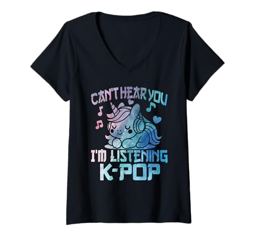 Damen Ich kann Dich Nicht hören Ich höre Kpop Cute Unicorn K-Pop Kawaii T-Shirt mit V-Ausschnitt Damen Ich kann Dich Nicht hören Ich höre Kpop Cute Unicorn K-Pop Kawaii T-Shirt mit V-Ausschnitt von Can't Hear You I'm Listening to Kpop K-Pop Tee