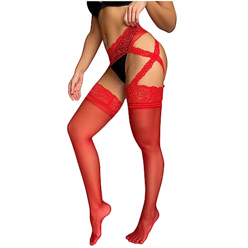 CanB Spitze Oberschenkelstrümpfe Strumpfband Strümpfe Hohe Taille Strumpfhosen Netzstrümpfe Netzstrümpfe Oberschenkel Strapse Strumpfhosen Strümpfe für Frauen und Mädchen, Rot/Ausflug, einfarbig von CanB