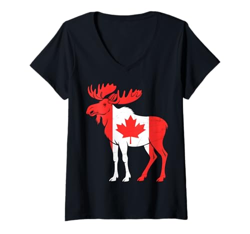 Damen Kanada Flagge Elch T-Shirt mit V-Ausschnitt Damen Kanada Flagge Elch T-Shirt mit V-Ausschnitt von Canada Factor Apparel