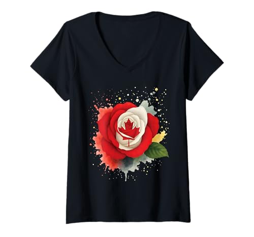Damen Kanada-Rosen-Flagge T-Shirt mit V-Ausschnitt Damen Kanada-Rosen-Flagge T-Shirt mit V-Ausschnitt von Canada Flower