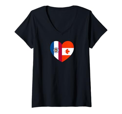 Damen Missouri and Canada Flags: Heart Shaped Unity T-Shirt mit V-Ausschnitt Damen Missouri and Canada Flags: Heart Shaped Unity T-Shirt mit V-Ausschnitt von Canada Love Pride Merch