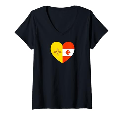 Damen New Mexico and Canada Flags: Heart Shaped Unity T-Shirt mit V-Ausschnitt von Canada Love Pride Merch